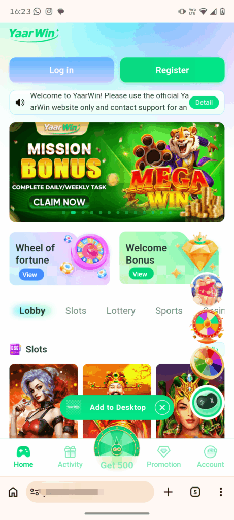Yaar Win Homepage image